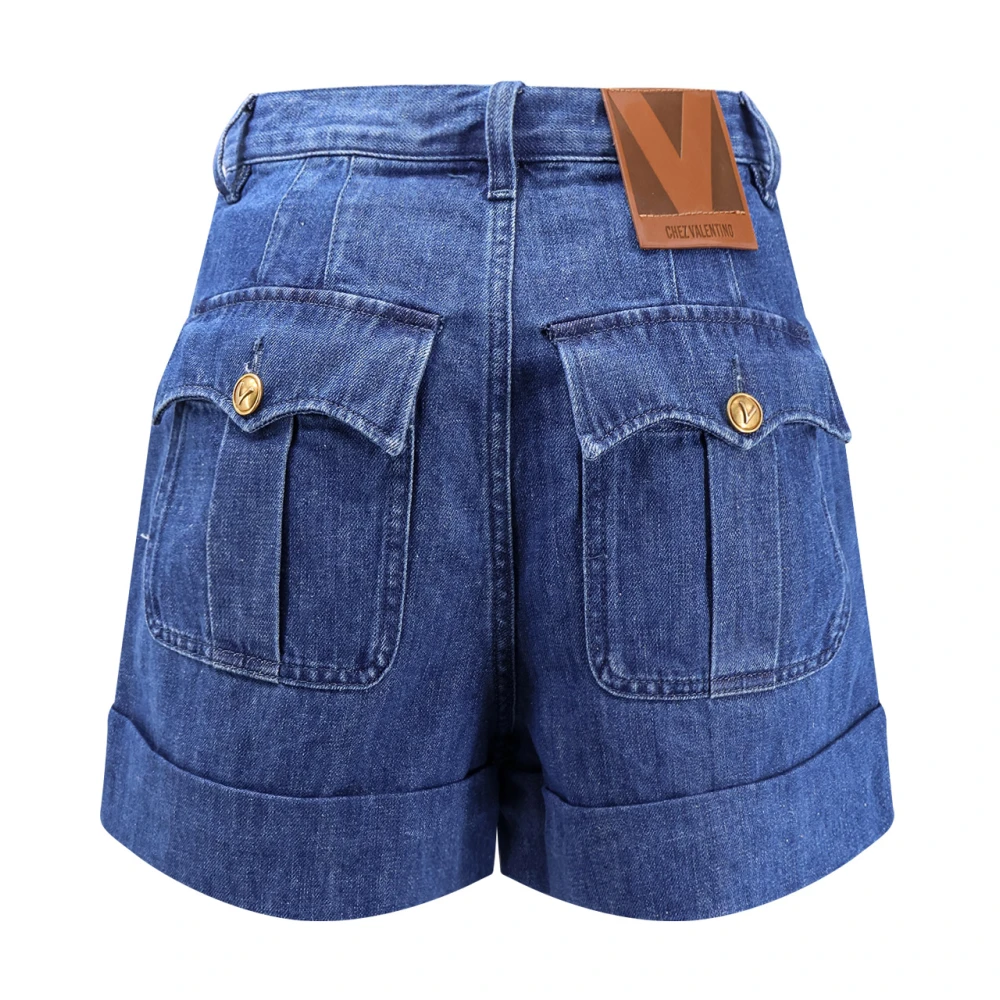 Valentino Katoenen linnen shorts met leren label Blue Dames