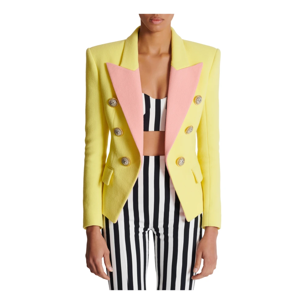 Balmain 6-knoops dubbele crêpe tweekleurige jas Yellow Dames