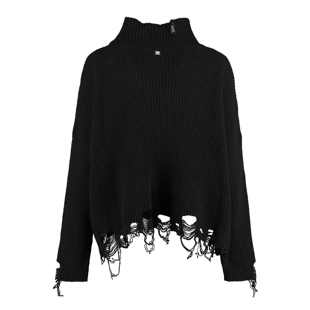pinko Geribbelde Gebreide Coltrui met Distressed Details Black Dames