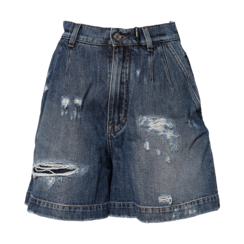 Dolce & Gabbana Women's Blue Tattered Denim Bermuda Shorts With Logo