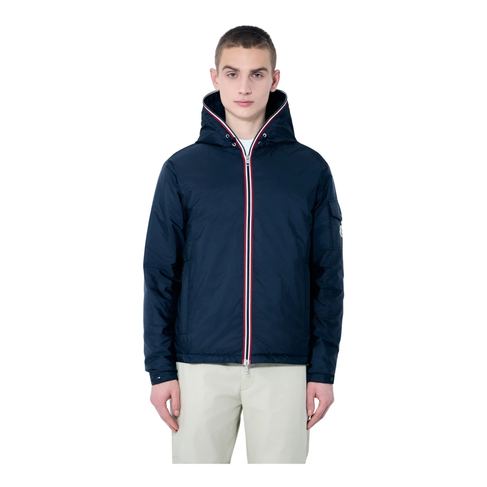 Moncler Waterafstotende gewatteerde jas met capuchon en afwerking Blue Heren