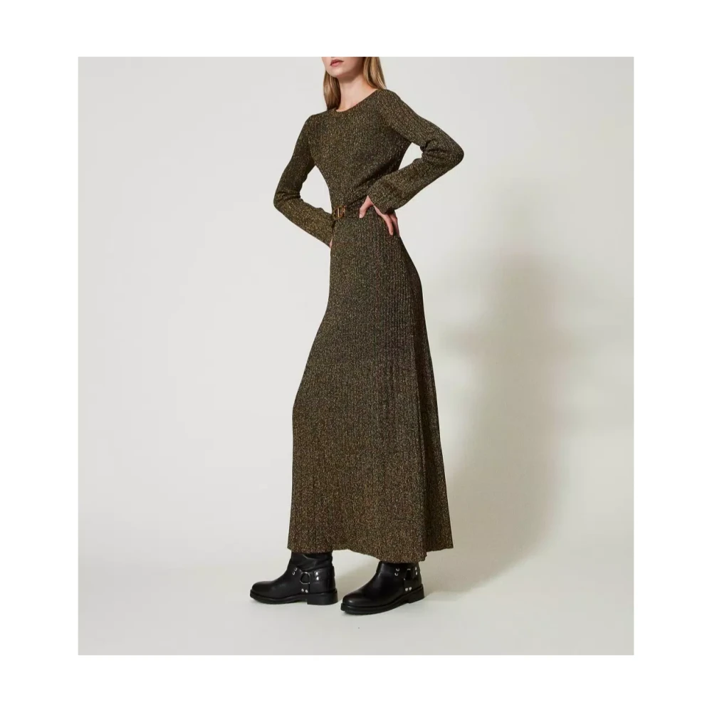 Twinset Lange Gebreide Rib Jurk met Ovaal Riem Brown Dames