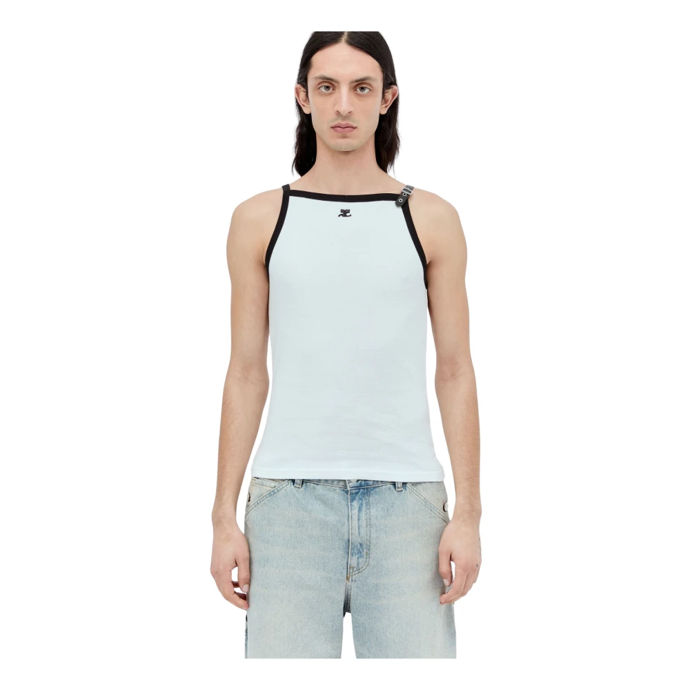 Courrèges Men's White Sleeveless Tops, Xl, Buckle Contrast Tank Top