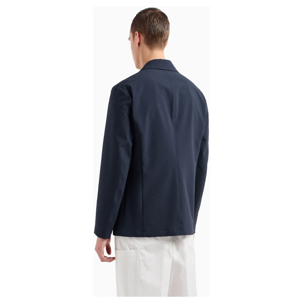 Emporio Armani Seersucker Monopetto Jas met Revers Kraag Blue Heren