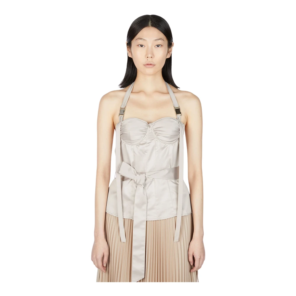 Rokh Vrouw Beige Tops Dames, M, Leer, Halterneck Corset Top