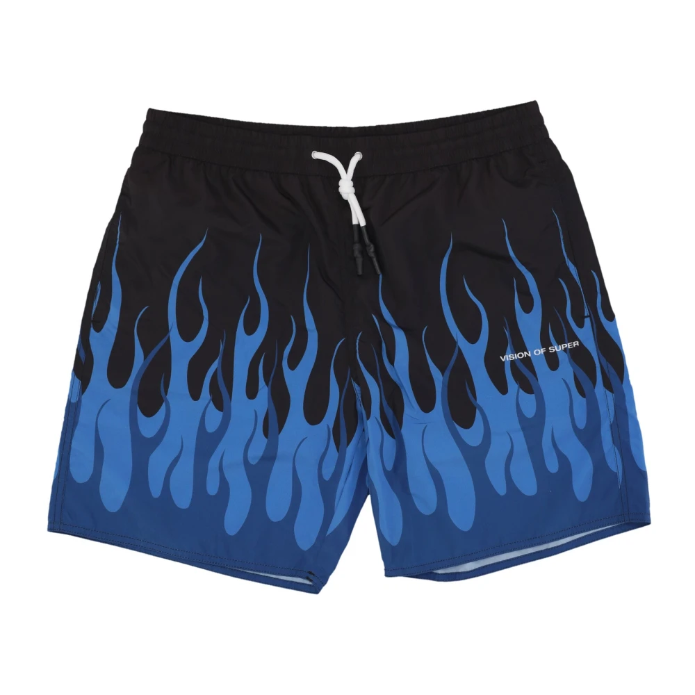 Vision Of Super Men's Blue Flames Swim Shorts Black/ - Beachwear - L - Swimwear