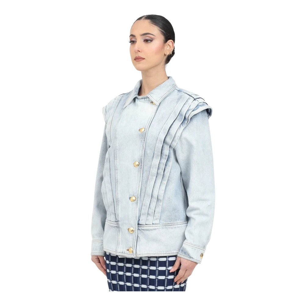 Elisabetta Franchi Blauwe Denim Oversized Jack met Geplooide Details Blue Dames