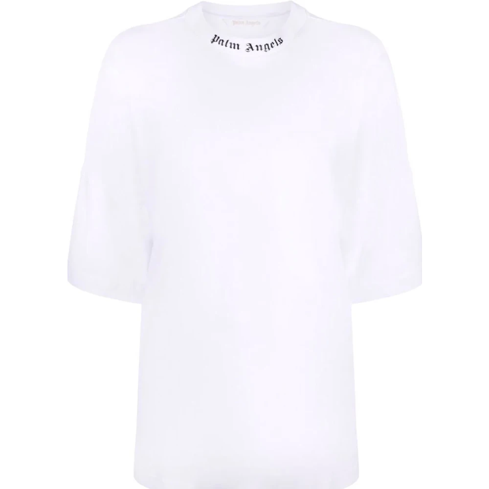 Palm Angels Witte katoenen T-shirt met gebogen logo print White Dames