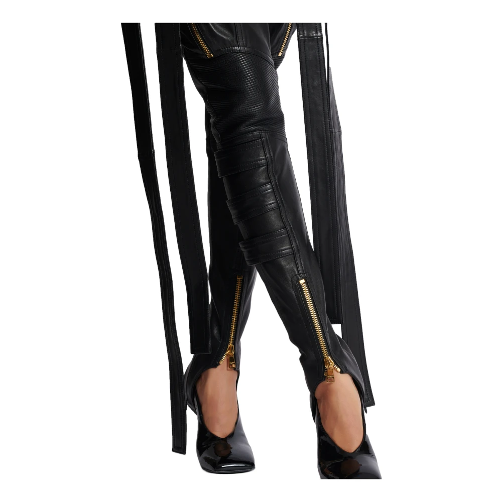 Balmain Leren cargobroek met banden Black Dames