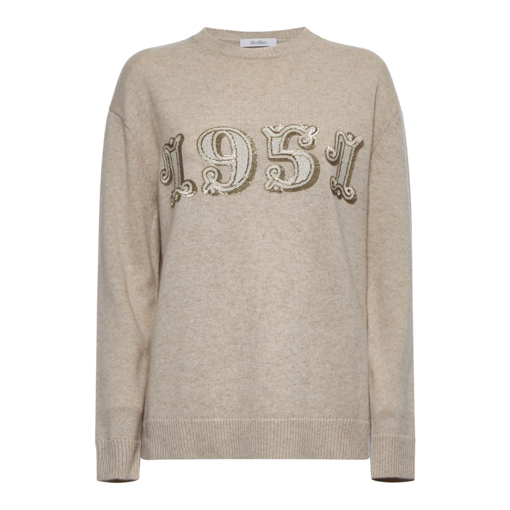 Max Mara Women's Beige Sequin Embroidery Pullover - Round-Neck Knitwear - M - Knitwear