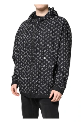 Svart Heart Print Hooded Windbreaker Jacka