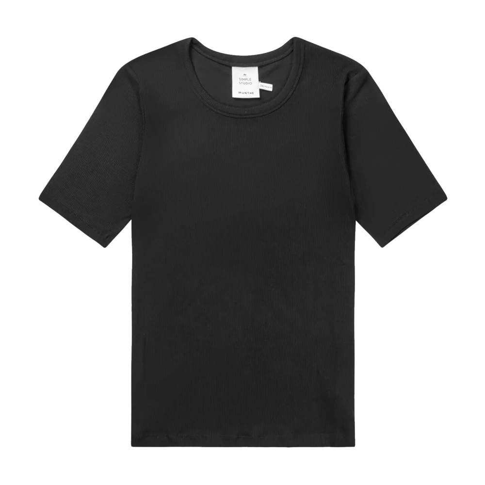 Munthe Women's Black T-Shirts, 2XL, Ribbed Short Sleeve Top
