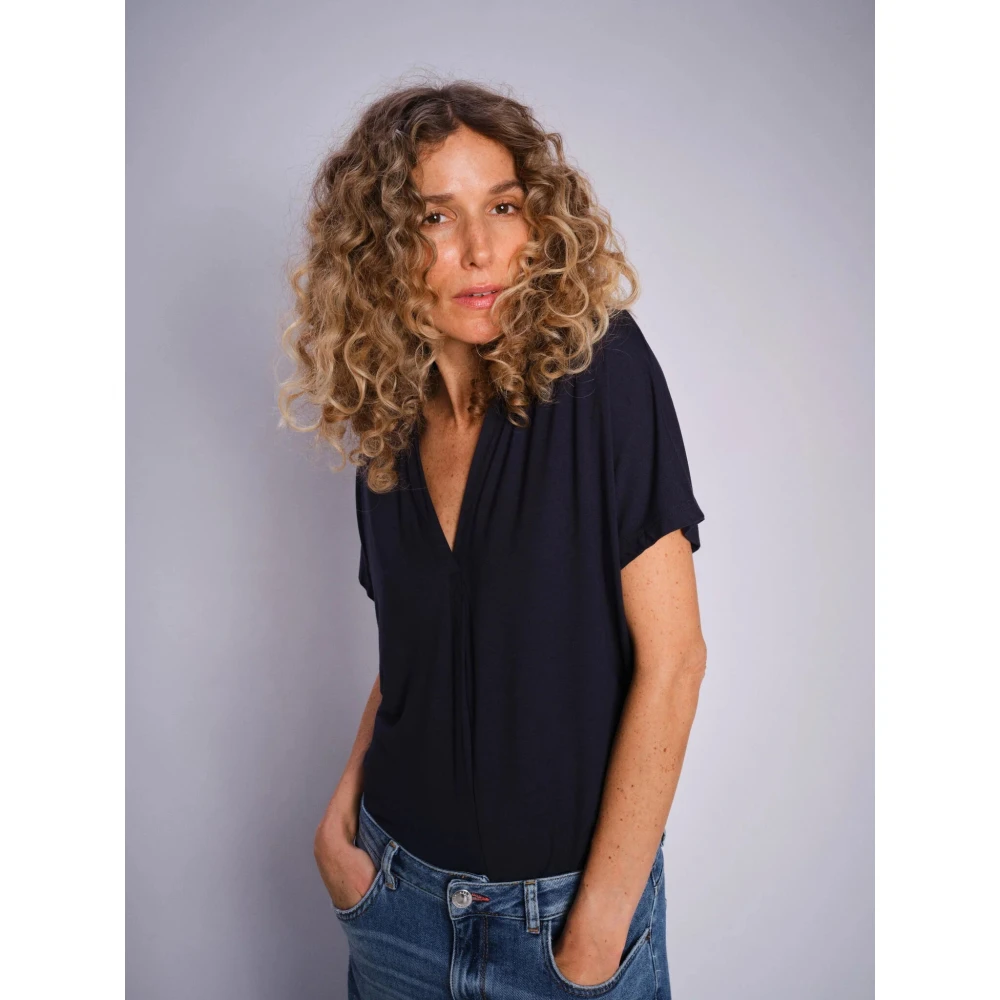 MOS MOSH Navy V-hals T-shirt met Plooien Blue Dames