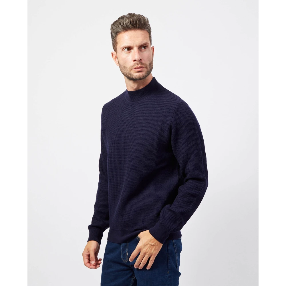 Hugo Boss Blauwe Wollen Trui Half Col Ribbel Blue Heren