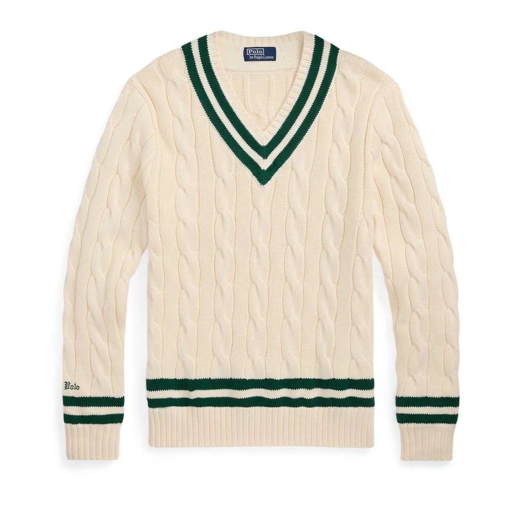 Polo Ralph Lauren Men's White V-Neck Knitwear,, Striped V-Neck Jumper In Cream Medium