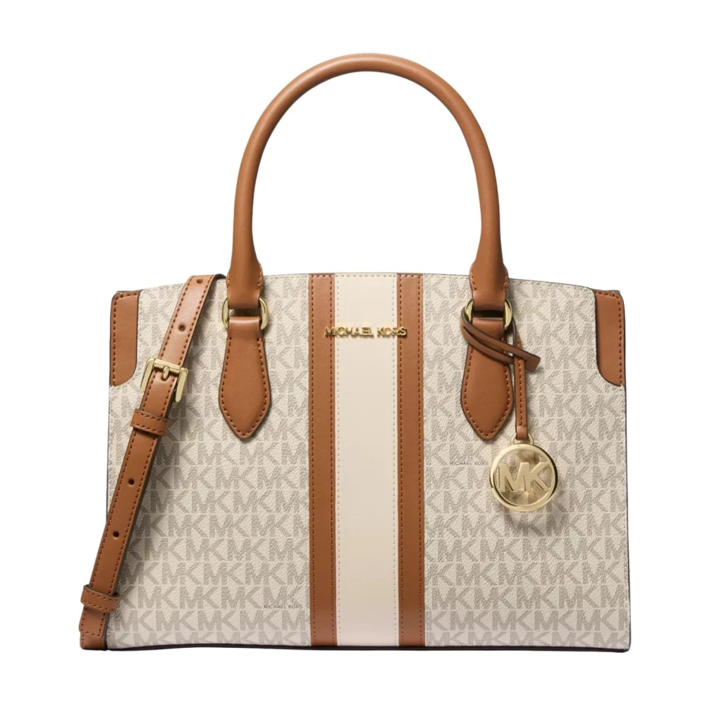 Michael Kors Women's Beige Handbags, One Size, Becca Medium Signature Logo Stripe Satchel