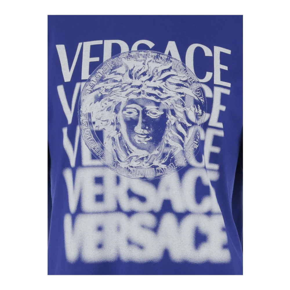 Versace Katoen Crew Neck Logo Print T-shirt Blue Heren