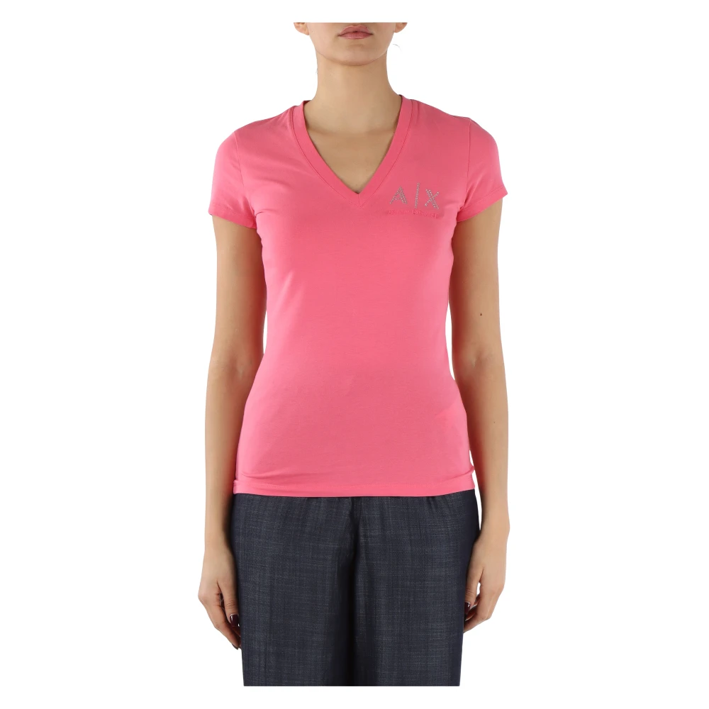Armani Exchange Stretch katoenen V-hals T-shirt Pink Dames