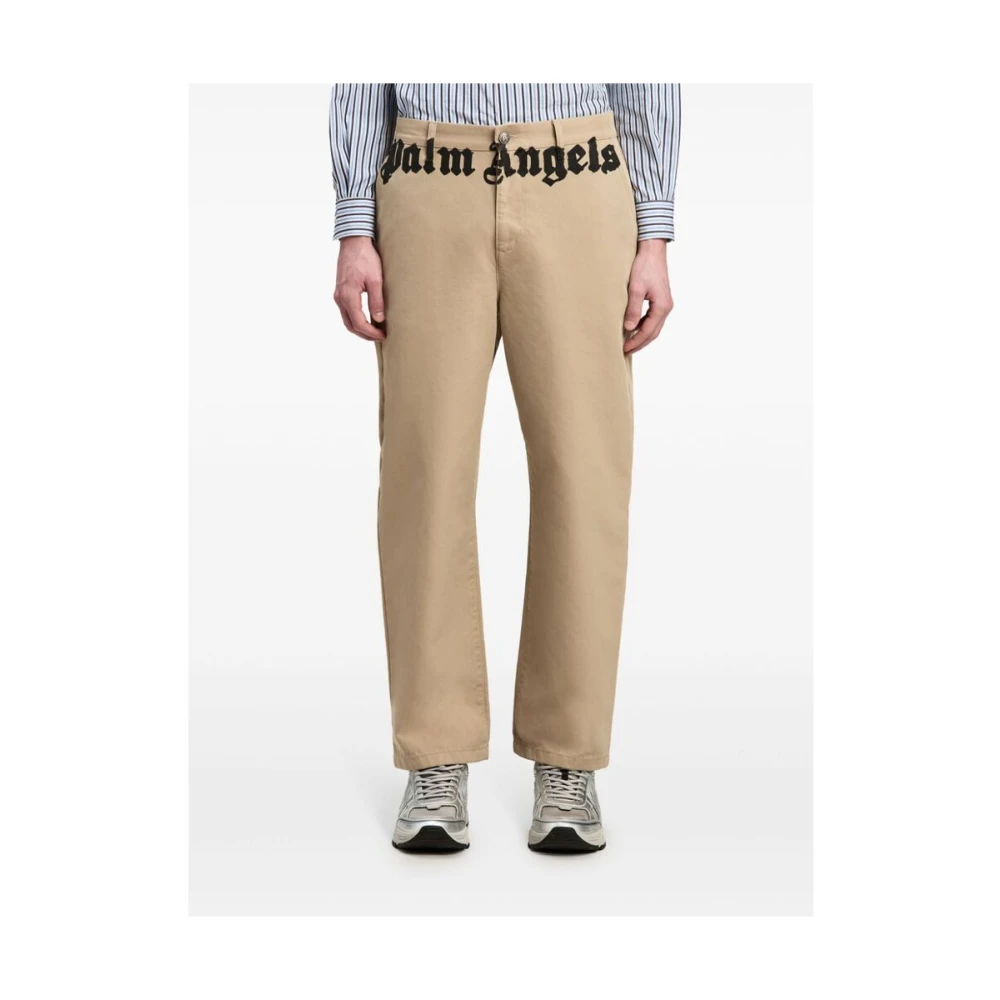 Palm Angels Beige Katoen Logo Print Rechte Pijp Beige Heren