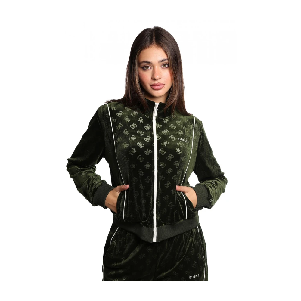 Guess Groene fluwelen sweatshirt met geborduurde witte tekst Green Dames