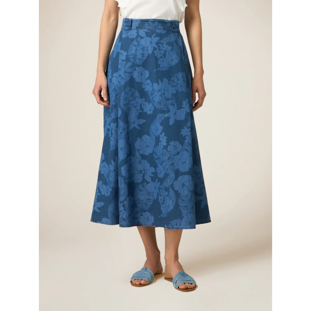 Oltre Bloemen Denim Midi Rok Blue Dames