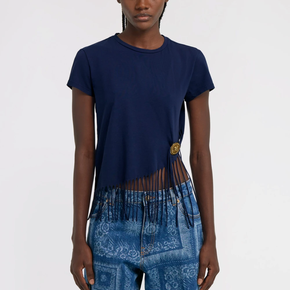 Roberto Cavalli Fringed Crew-neck T-shirt met Medaillon Blue Dames