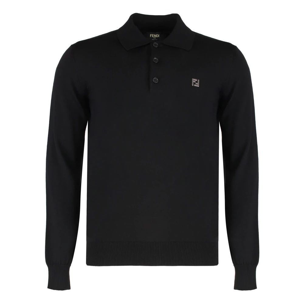 Fendi Men's Black Round-Neck Knitwear, M, Long Sleeve Wool Knit Polo