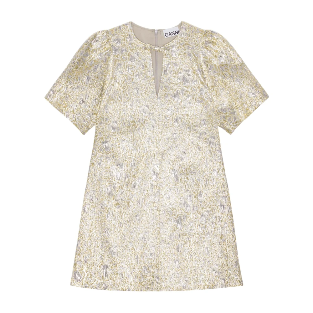 Ganni Metallic Cloque A-vormige Mini Jurk Yellow Dames