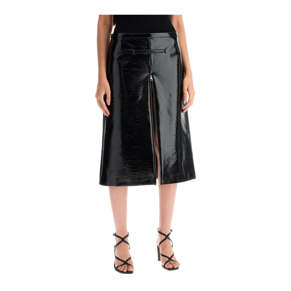 Courrèges Glanzende Vinyl Midi Rok met Split Black Dames
