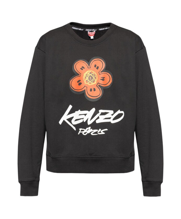 pull-noir-a-motif-floral-col-rond