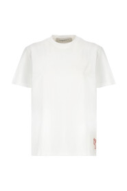Biała Bawełniana Koszulka z Okrągłym Dekoltem, Logo i Metalowymi Gwiazdami