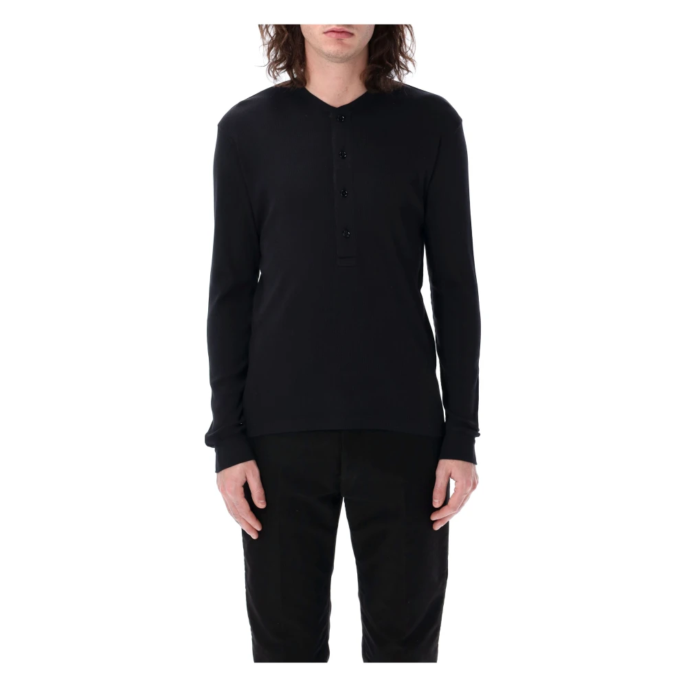 Tom Ford Zwart Geribbeld Henley T-Shirt Polo Black Heren