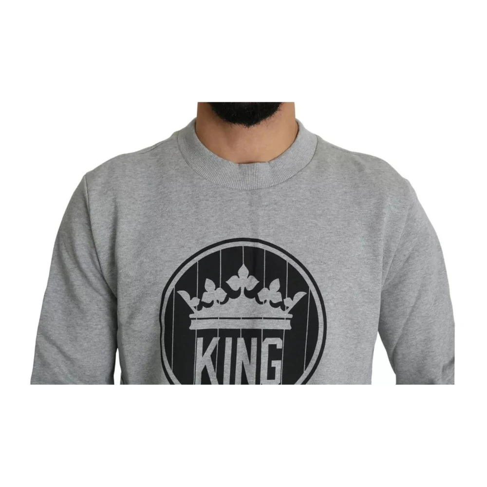 Dolce & Gabbana Kroon Koning Print Katoen Pullover Sweater Gray Heren