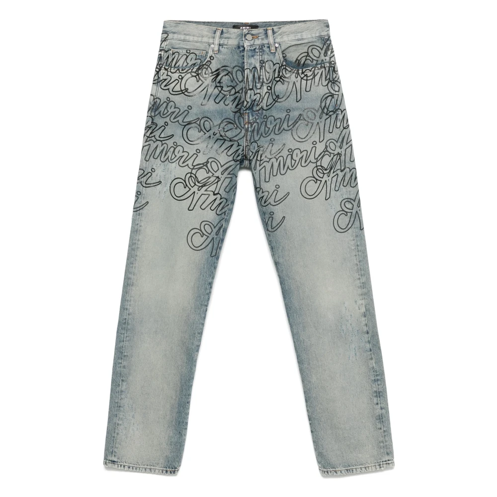 Blå All-Over Print Distressed Jeans