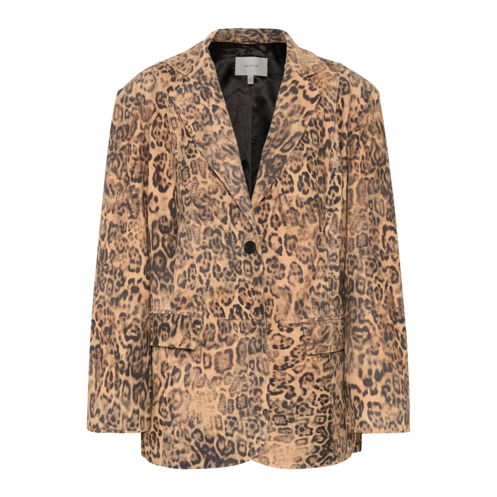 Gestuz Women's Brown Blazers,, Leopard Print Leather Blazer Jacket Large