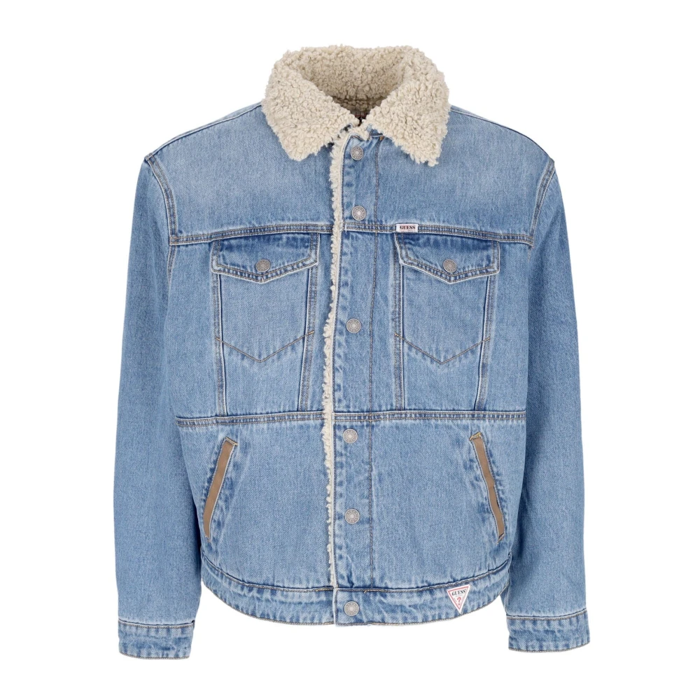 Guess Men's Blue Vintage Denim Jacket With Sherpa Collar - Denim Jackets - L - Jackets