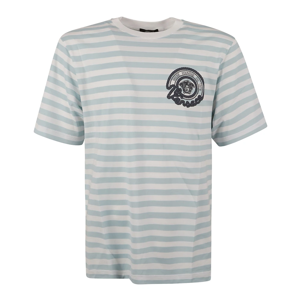 Versace Randig Jersey T-shirt med Broderad Nautisk Emblem Blue, Herr