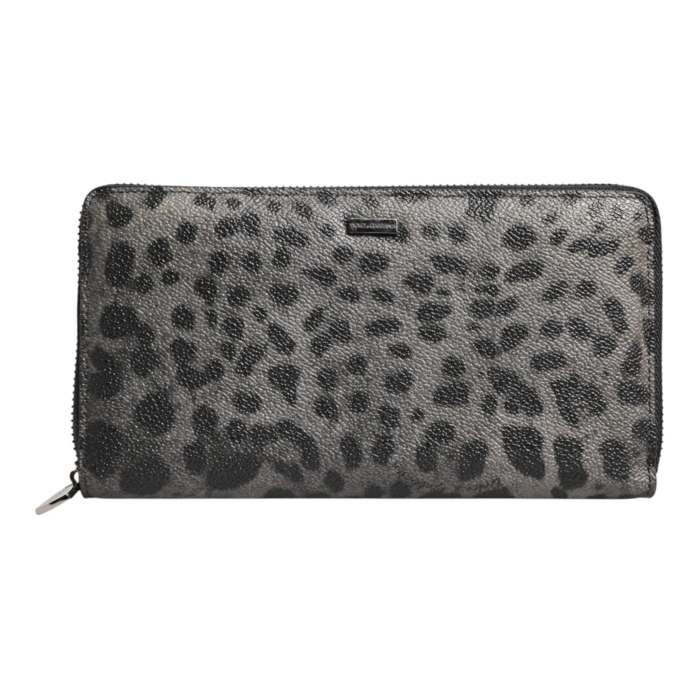 Dolce & Gabbana Unisex Gray Leopard Leather Zip Around Wallet