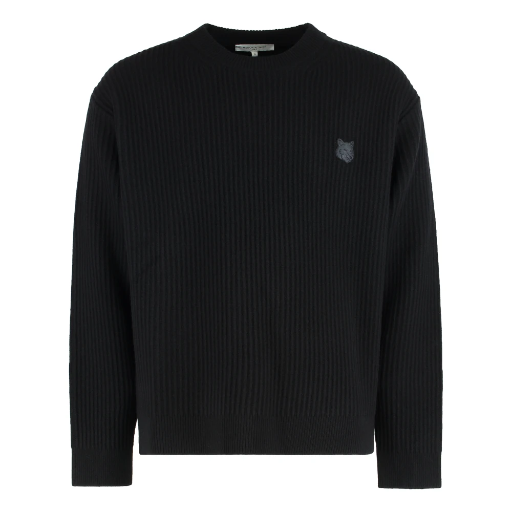 Maison Kitsuné Black Round-Neck Knitwear, Male, M, Ribbed Wool Jumper