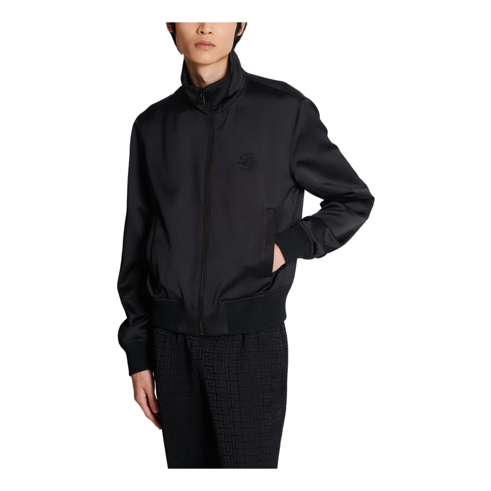 Balmain Satin Bomber met PB Logo en Handtekening Black Heren