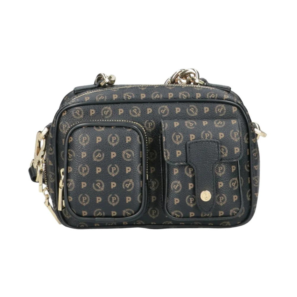 Pollini Leren Schoudertas met Kettinghandvat en Printdetails Black Dames