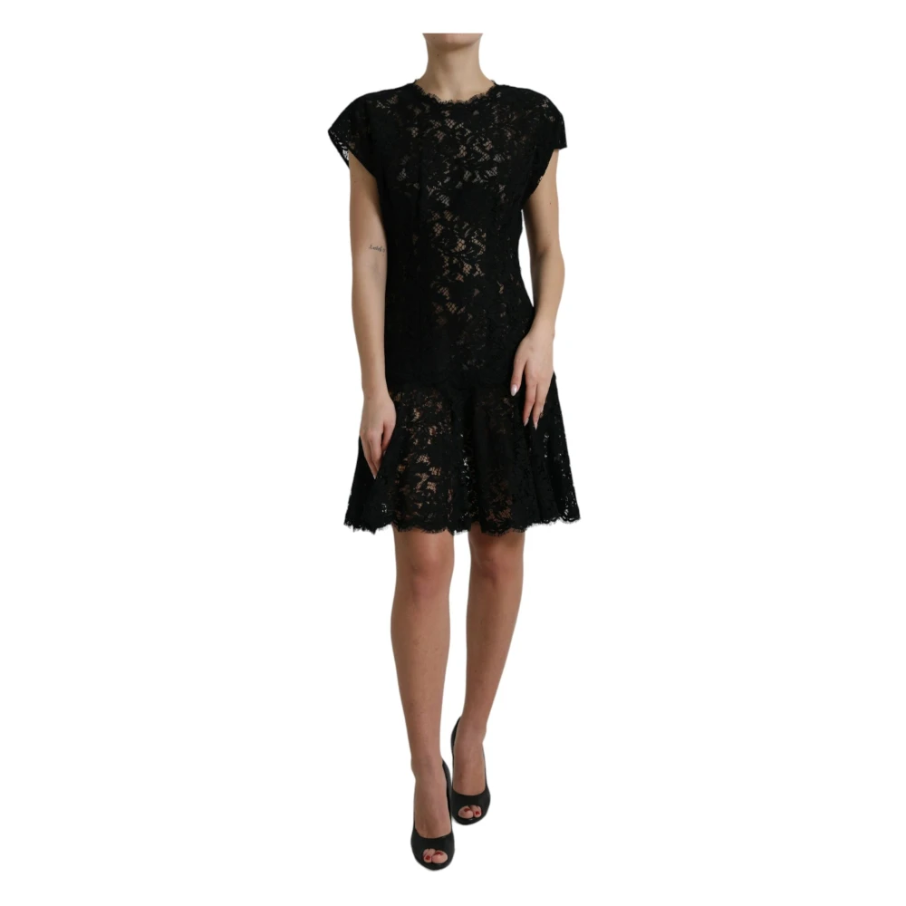 Dolce & Gabbana Zwart Bloemen Kant A-Lijn Minijurk Black Dames