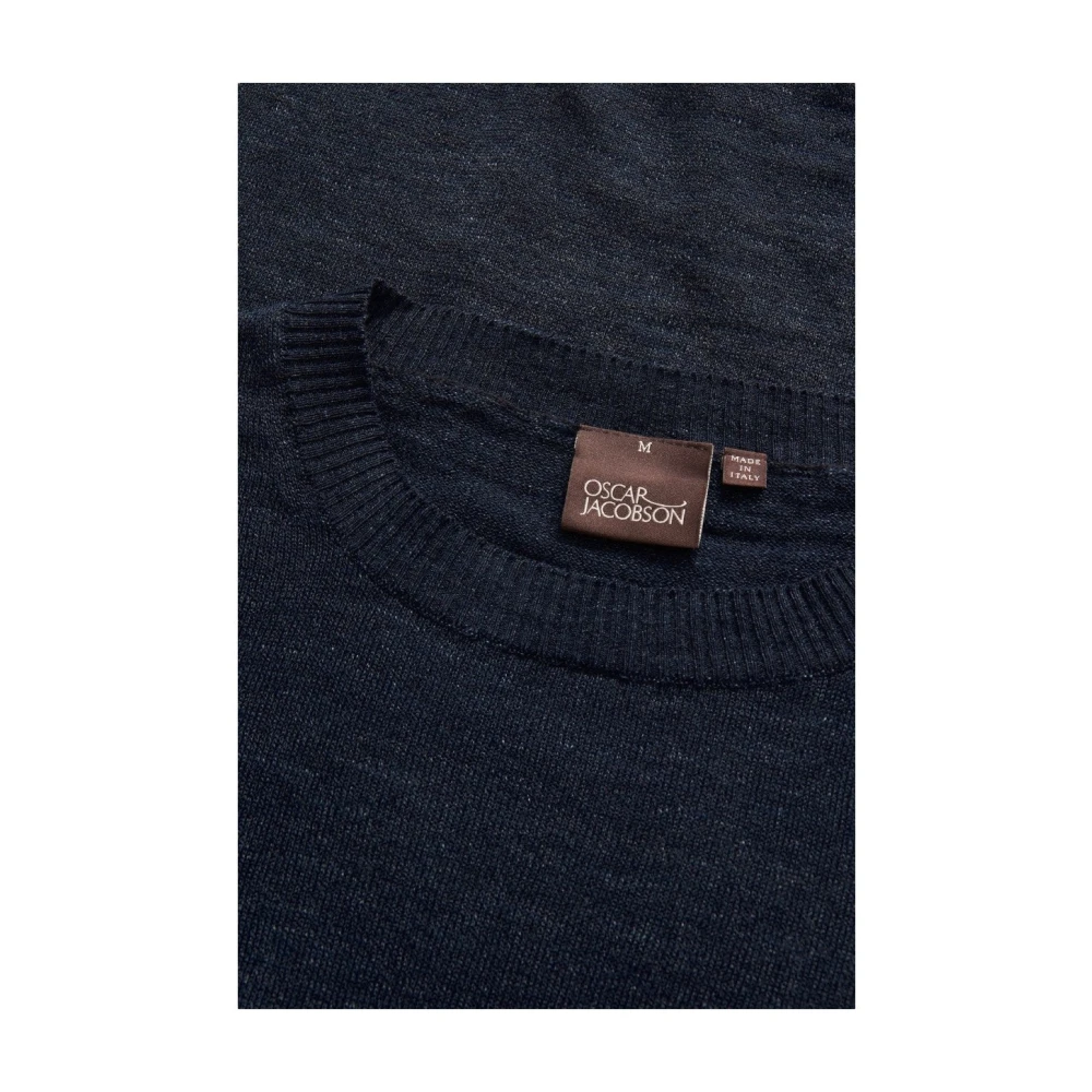 Oscar Jacobson Navy Linnen Ronde Hals Trui Valter Blue Heren