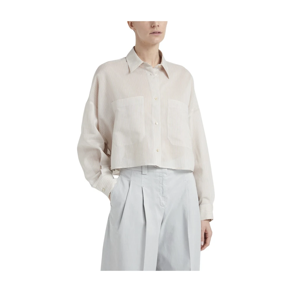 PESERICO Gestreepte katoenen en zijden organza overhemd Beige Dames