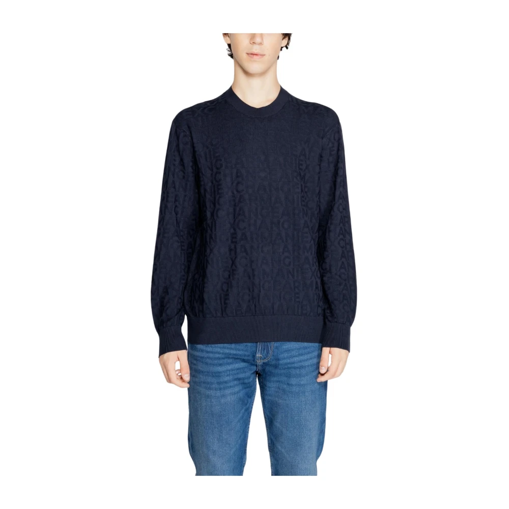Armani Exchange Men's Blue Round-Neck Knitwear,, Crewneck Logo Sweatshirt Small