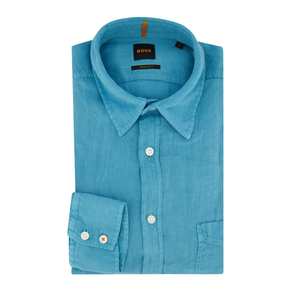 Hugo Boss Casual Blauw Linnen Overhemd Blue Heren