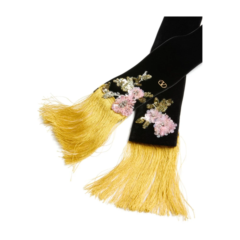 Valentino Garavani Zwart Bloemen Geborduurde Sjaal met V-Logo Black Dames