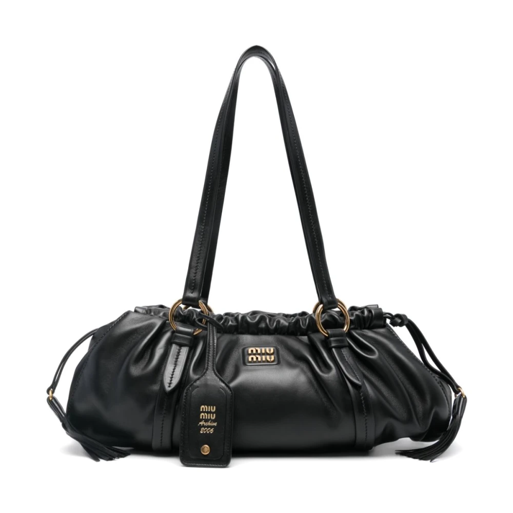 Miu Zwarte leren handtas met metalen logo Black Dames