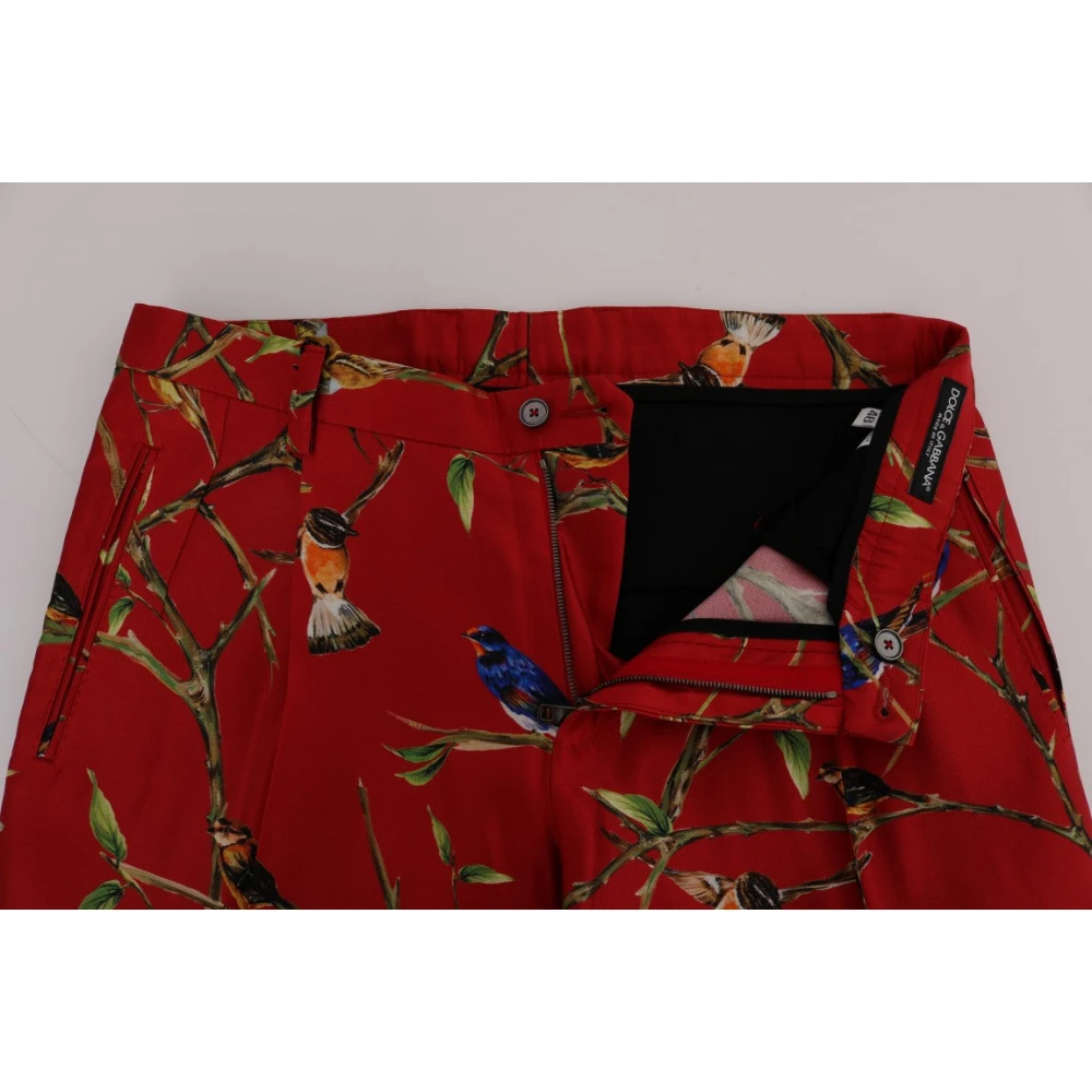 Dolce & Gabbana Rode Zijden Vogelprint Broek Red Heren