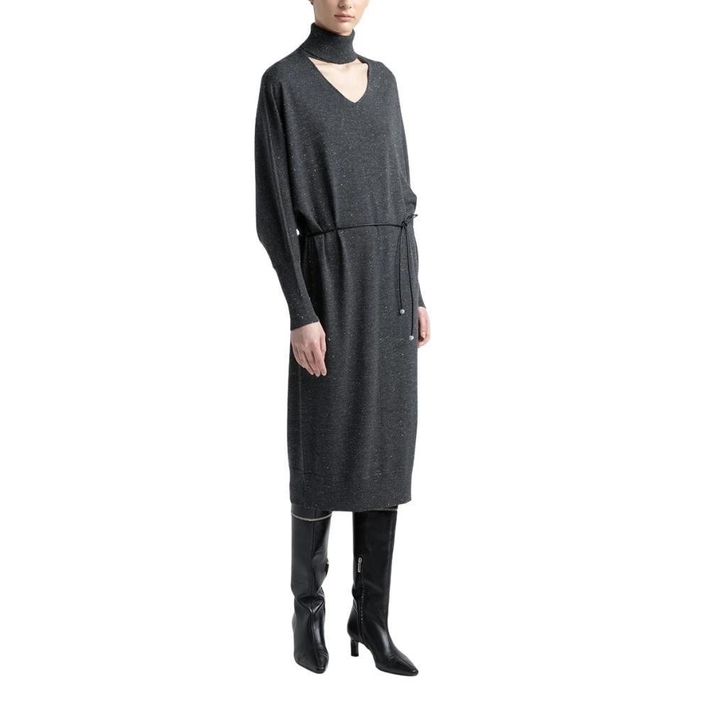 PESERICO Wollen en viscose midi-jurk met ceintuur Gray Dames